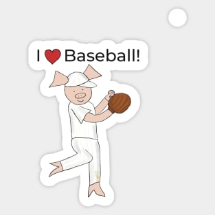 I love Baseball! Left-handed Pig baseball player, pitcher, blue, baseball Sticker